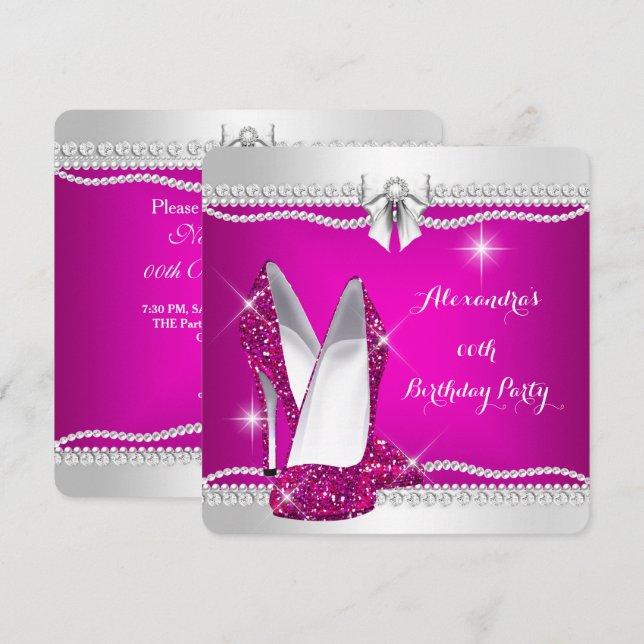Invitación Elegante Glamour Purpurina Tacones Altos Rosados C (Anverso / Reverso)