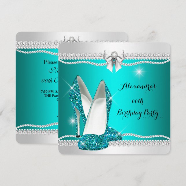 Invitación Elegante glamour Purpurina Verde azulado alto taco (Anverso / Reverso)