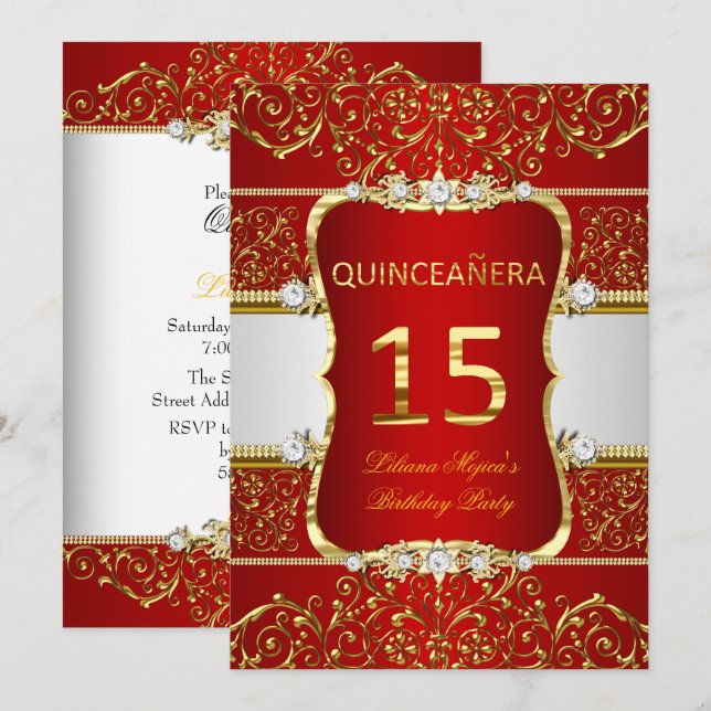 Invitación Elegante Glamur Rojo Oscuro Oro Quinceanera (Anverso / Reverso)