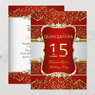 Invitación Elegante Glamur Rojo Oscuro Oro Quinceanera