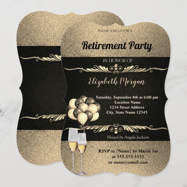 Invitación Elegante Glas de Vino de Oro , Balones, Fiesta de  (Anverso / Reverso)