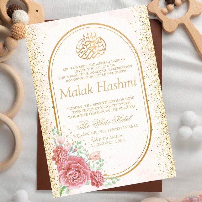 Invitación Elegante Gliter Floral Islámico Aqiqa Aqeqa Bebé (Subido por el creador)