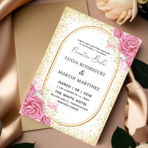 Invitación Elegante Gliter Floral Oro Español Nuestra Boda