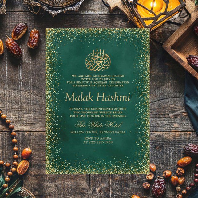Invitación Elegante Gliter Verde Baby Aqiqa (Subido por el creador)