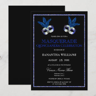 Invitación Elegante Glitter Azul Mascarada Quinceañera