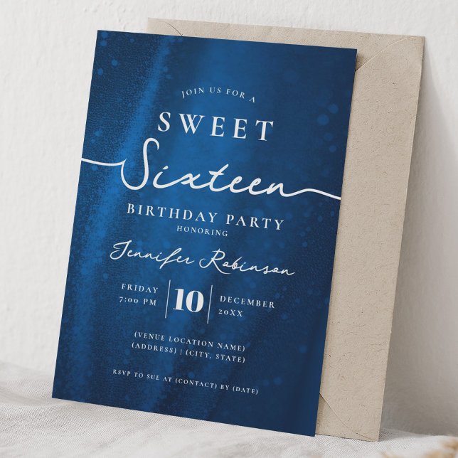 Invitación Elegante Glitter Chic Cumpleaños 16 Navy Azul  (Elegant Chic Glitter Sweet 16 Birthday Navy Blue Invitation)