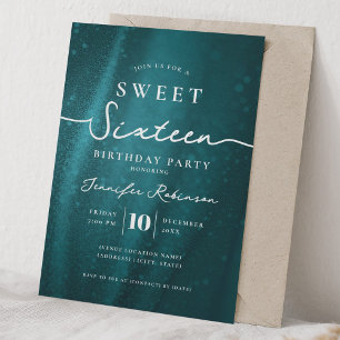 Invitación Elegante Glitter Chic Cumpleaños 16 Turquesa 