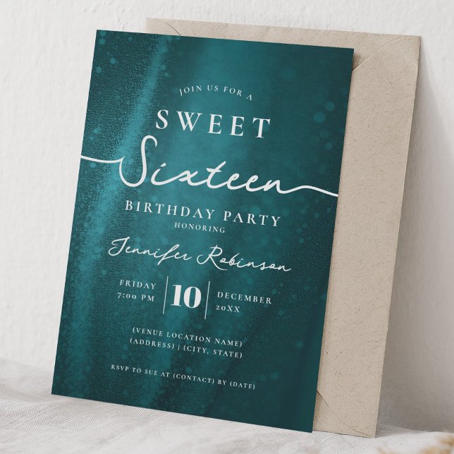 Invitación Elegante Glitter Chic Cumpleaños 16 Turquesa  (Elegant Chic Glitter Sweet 16 Birthday Turquoise Invitation)