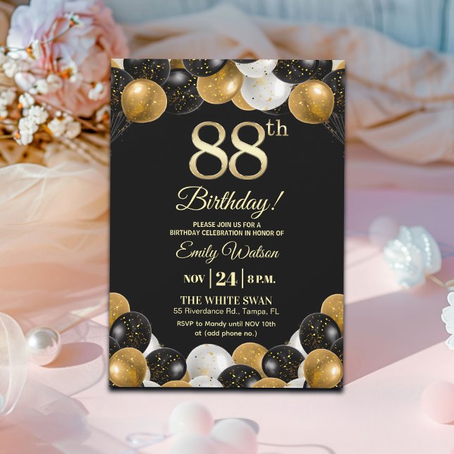 Invitación Elegante Glitter de Oro Negro Cumpleaños 88 (Subido por el creador)