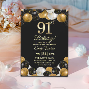 Invitación Elegante Glitter de Oro Negro Cumpleaños 91