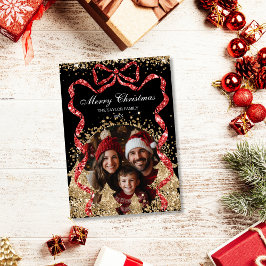 Invitación Elegante Glitter GoldRibbon Foto de árbol de Navid