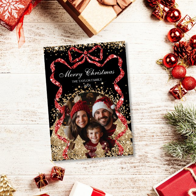 Invitación Elegante Glitter GoldRibbon Foto de árbol de Navid (Subido por el creador)