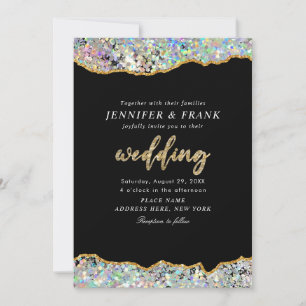 Invitación Elegante Glitter holográfico Ágata Negro Moderno