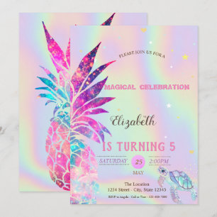Invitación Elegante Glitter Holográfico Tortuga Piña