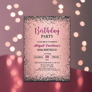 Invitación Elegante Glitter Negro Metálico Cumpleaños Rosa 66