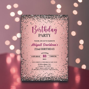 Invitación Elegante Glitter Negro Metálico Rosa Cumpleaños 22