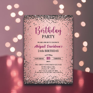 Invitación Elegante Glitter Negro Metálico Rosa Cumpleaños 24
