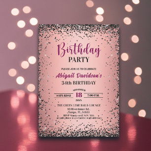 Invitación Elegante Glitter Negro Metálico Rosa Cumpleaños 34