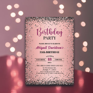 Invitación Elegante Glitter Negro Metálico Rosa Cumpleaños 35