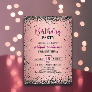 Invitación Elegante Glitter Negro Metálico Rosa Cumpleaños 48
