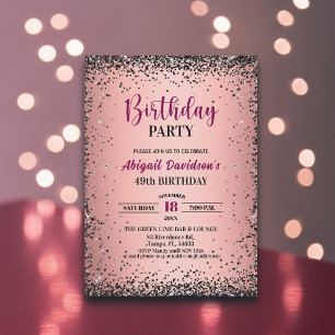 Invitación Elegante Glitter Negro Metálico Rosa Cumpleaños 49