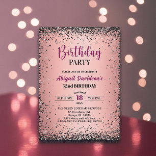 Invitación Elegante Glitter Negro Metálico Rosa Cumpleaños 52