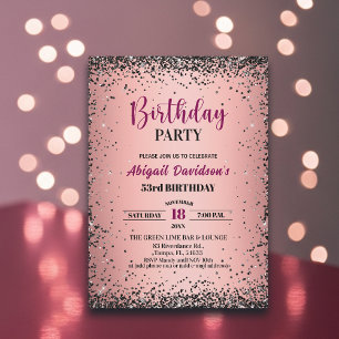 Invitación Elegante Glitter Negro Metálico Rosa Cumpleaños 53