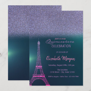 Invitación Elegante Glitter Ombre, Quinceañera Torre Eiffel