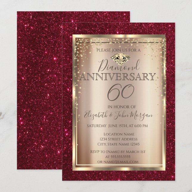 Invitación Elegante Glitter Rojo Boda Aniversario  (Anverso / Reverso)