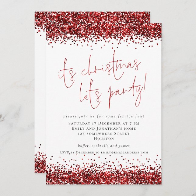 Invitación Elegante Glitter Rojo Es Navidad Vamos a la Fiesta (Anverso / Reverso)