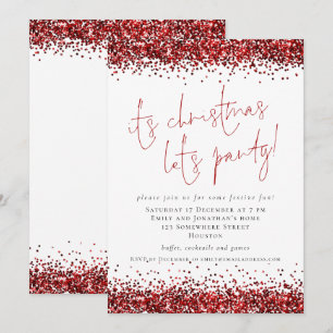 Invitación Elegante Glitter Rojo Es Navidad Vamos a la Fiesta