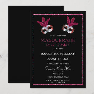 Invitación Elegante Glitter Rosa Mascarada Dulce 16