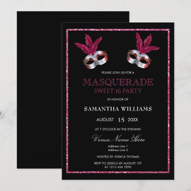 Invitación Elegante Glitter Rosa Mascarada Dulce 16 (Anverso / Reverso)