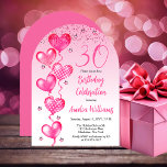 Invitación Elegante globo de corazón rosado Fiesta de cumplea<br><div class="desc">Elegante purpurina falso y globos con estampado rosa con cuerdas de cinta rosada y estrellas de acento rosado "30" invitación a la celebración de fiesta de 30 años.</div>