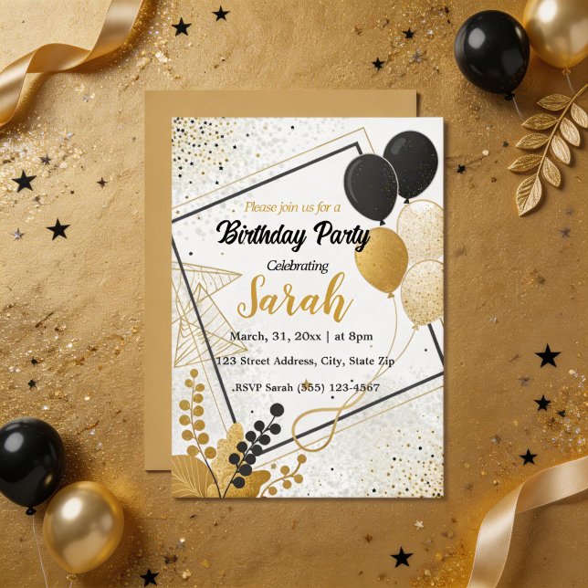 Invitación elegante globo de oro negro cumpleaños para cualqu (Subido por el creador)