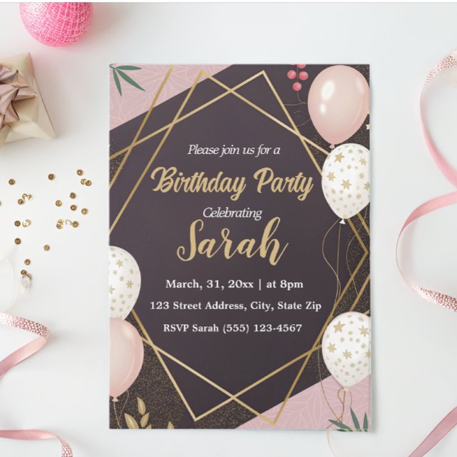 Invitación elegante globo de oro negro cumpleaños rosa (Subido por el creador)