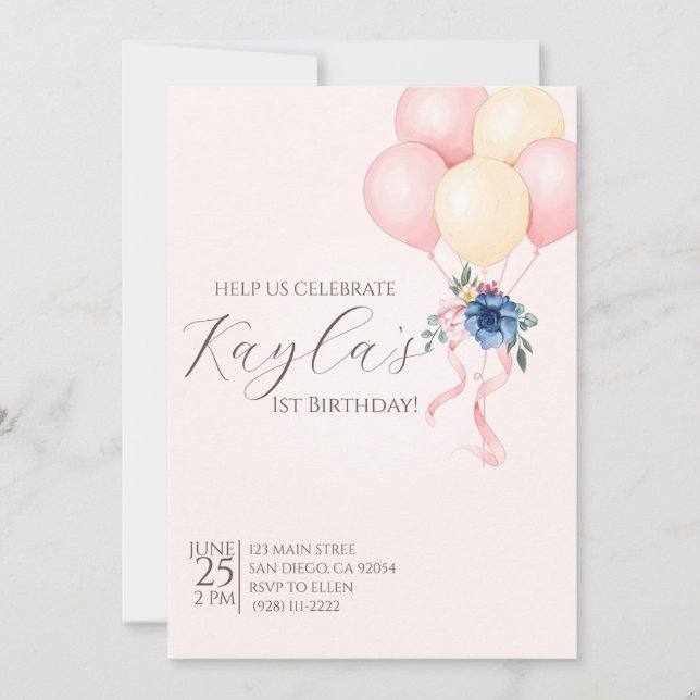 Invitación Elegante globo floral rosa primer cumpleaños (Anverso)