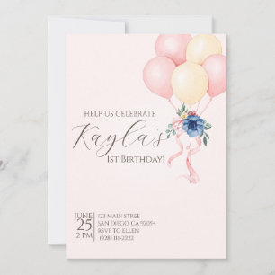 Invitación Elegante globo floral rosa primer cumpleaños
