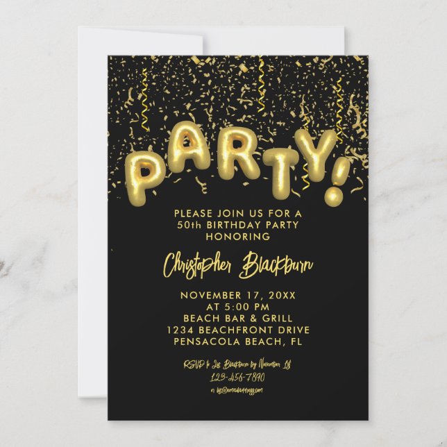 Invitación Elegante globo negro y Relieve metalizado dorado 5 (Anverso)