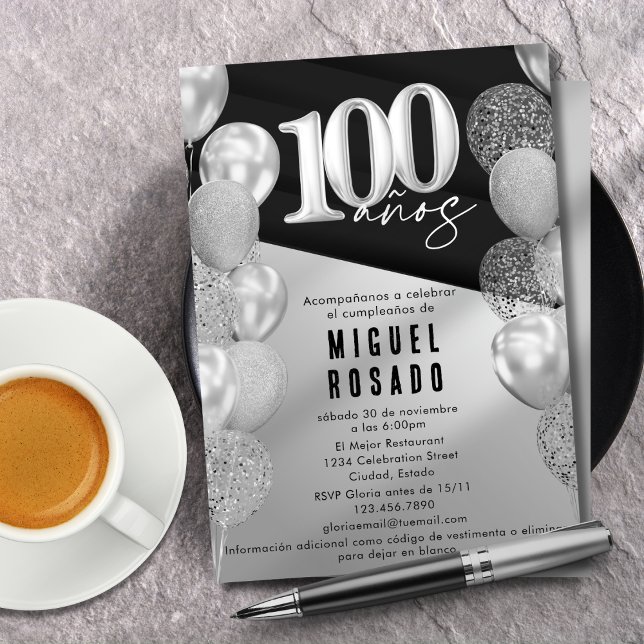 Invitación Elegante globos de plata negra 100 cumpleaños (Subido por el creador)