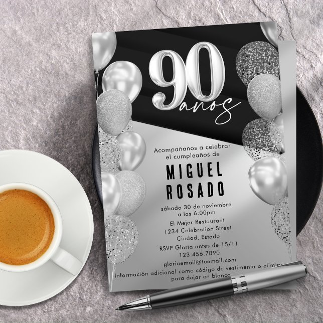 Invitación Elegante globos de plata negra 90 cumpleaños (Subido por el creador)