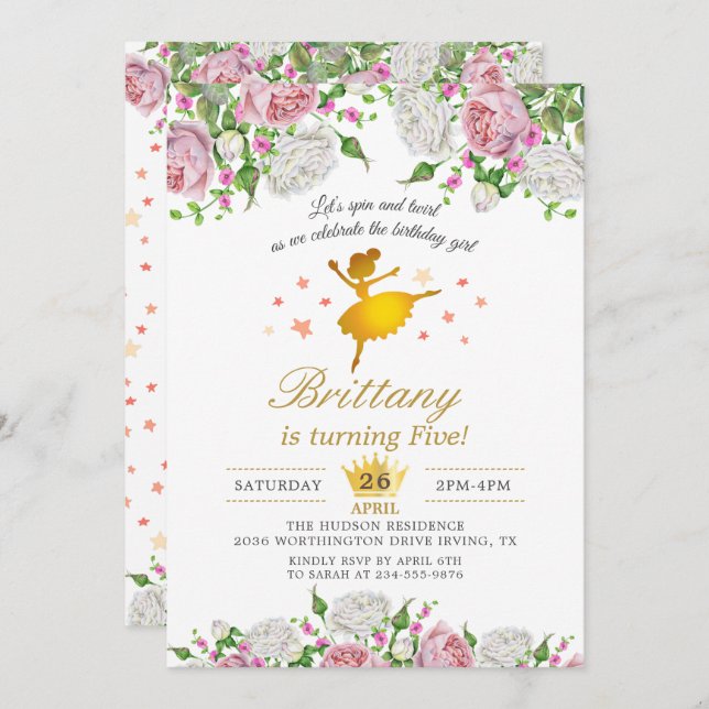 Invitación Elegante Gold Ballerina Chica Floral Fiesta de cum (Anverso / Reverso)
