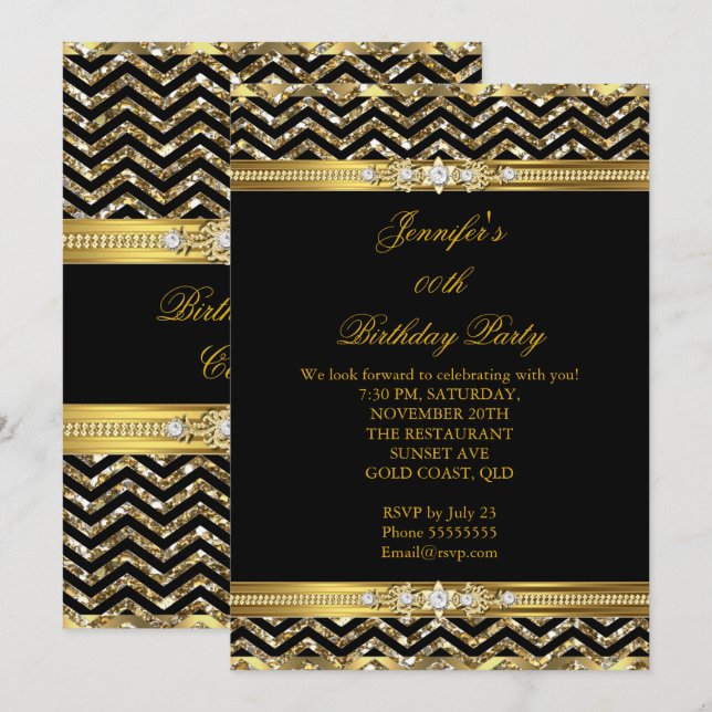 Invitación Elegante Gold Black Chevron Diamond Cumpleaños 2 (Anverso / Reverso)