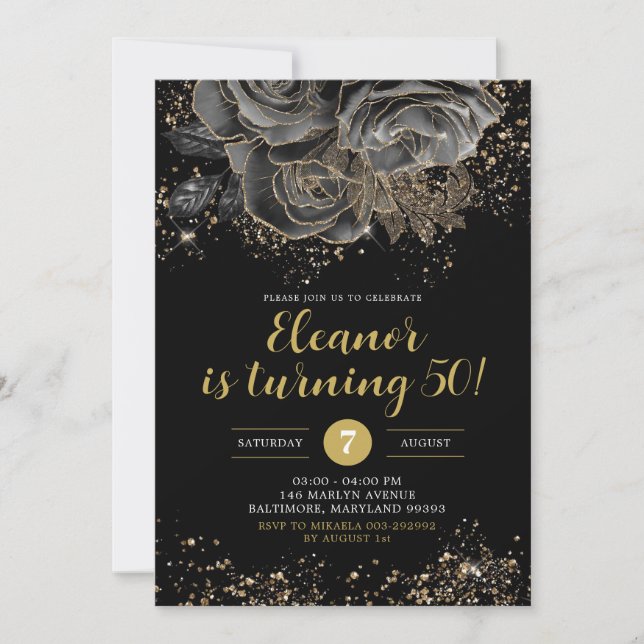 Invitación Elegante Gold Black Floral Mujer Cualquier Cumplea (Anverso)