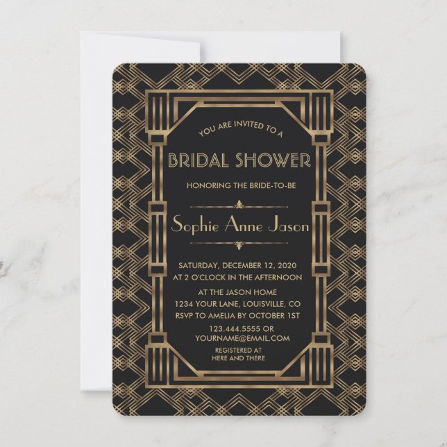 Invitación Elegante Gold Black Great Gatsby Bridal Shower (Anverso)