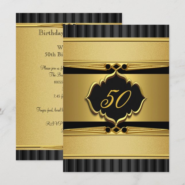 Invitación Elegante Gold Black Look Metalizado Fiesta de cump (Anverso / Reverso)