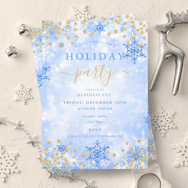 Invitación Elegante Gold Blue Xmas Winter Company Holiday (Elegant Gold Blue Xmas Winter Company Holiday Invitation)