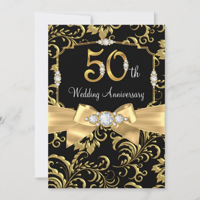 Invitación Elegante Gold Bow negro Diamante 50 años (Anverso)