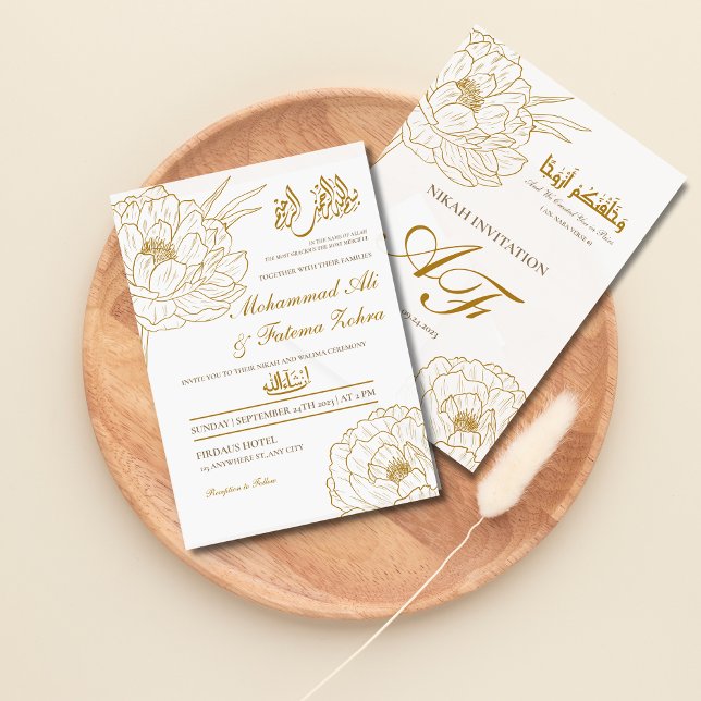 Invitación Elegante Gold Floral Bismillah Blanco Moderno Nika (Elegant Gold Floral Bismillah White Modern Nikah Invitation)