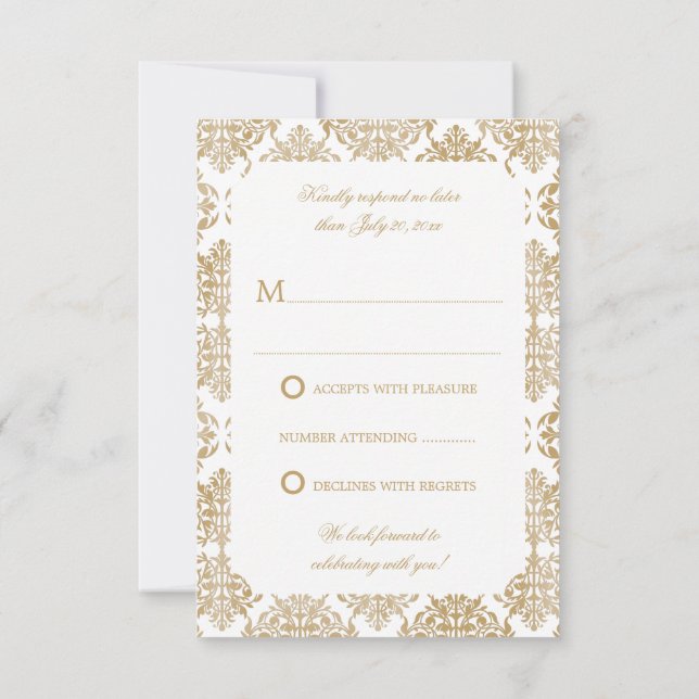 Invitación Elegante Gold Flourish Damask RSVP (Reverso)